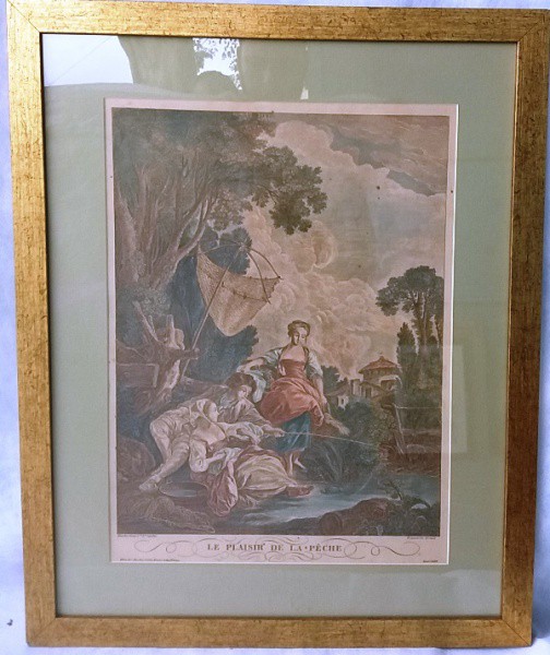 Gravura Francesa `Le Plaisir de la Pêche` medida total com moldura, aprox. 60 x 55 cm