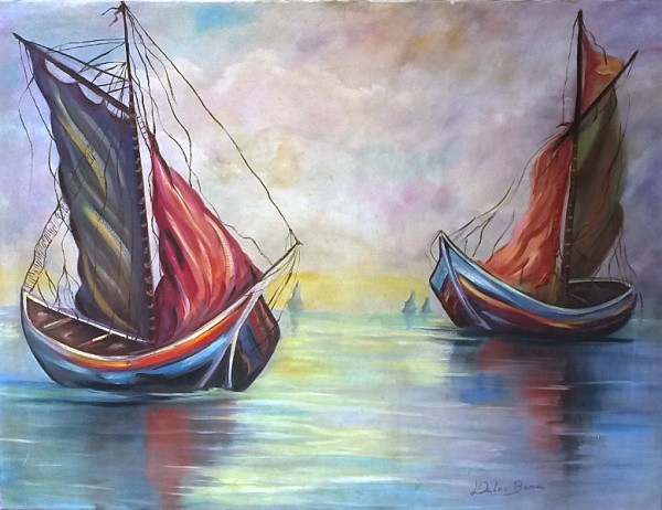 Du Lee Barral - Barcos, Óleo sobre tela, ACID, (Obs. Sem moldura) medida da tela, aprox. 60 x 80 cm