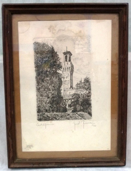 Assinatura não identificada - paisagem com torre, Bico de pena, ACID, medida total com moldura, apro