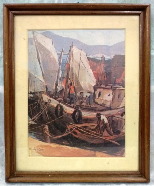 Euclides L. Santos - Pescadores, estampa emoldurada, medida total com moldura, aprox. 48 x 39 cm