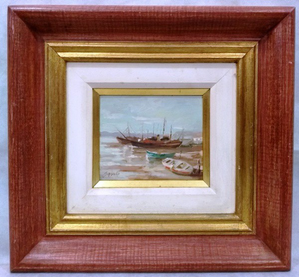 Sayoko - Pequeno quadro com imagem de Barcos, técnica mista, ACIE, medida total com moldura, aprox.