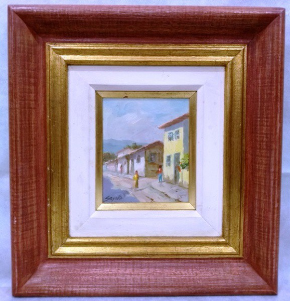 Sayoko - Pequeno quadro com imagem de casario e pessoas, técnica mista, ACIE, medida total com moldu