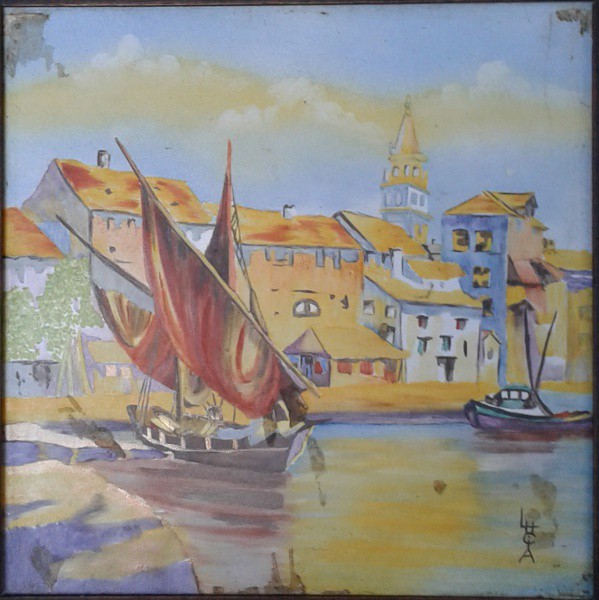 Maravilhoso quadro óleo sobre azulejo ass. ilegível  med. 19 x 19 - 36 x 36 cm.