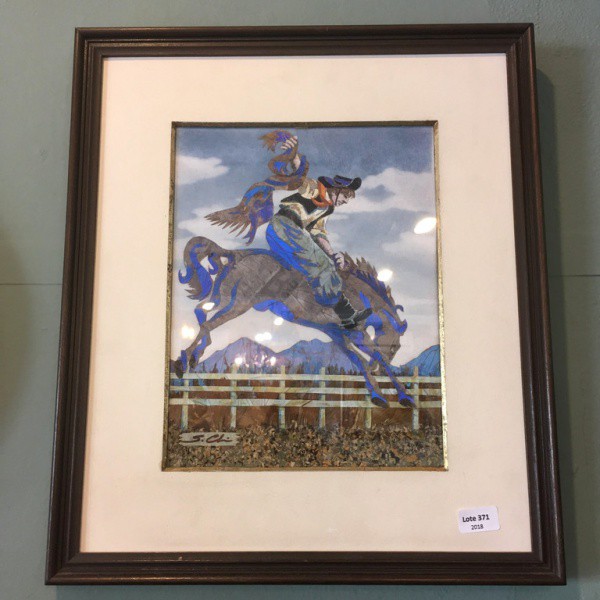 Quadro feito com asas de borboleta, Rodeio , Shuya Chiba, 1994 - 33 x 38 cm