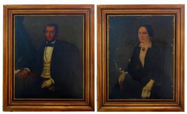 Pendant de quadros da escola norte americana dos século 19, Casal de Nobres, OST, 80 x 60 cm.