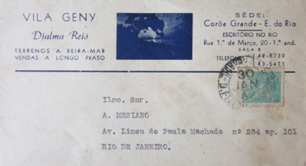 FILATELIA ENVELOPE PROPAGANDA VILA GENY , TERRENOS A BEIRA MAR COROA GRANDE , RIO DE JANEIRO BEM CON