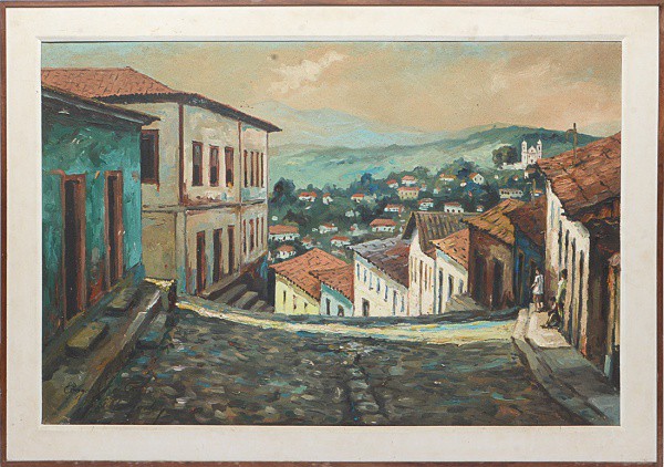 Assinatura ilegível, pintura à óleo sobre eucatex, representando paisagem casario, ladeira e igreja