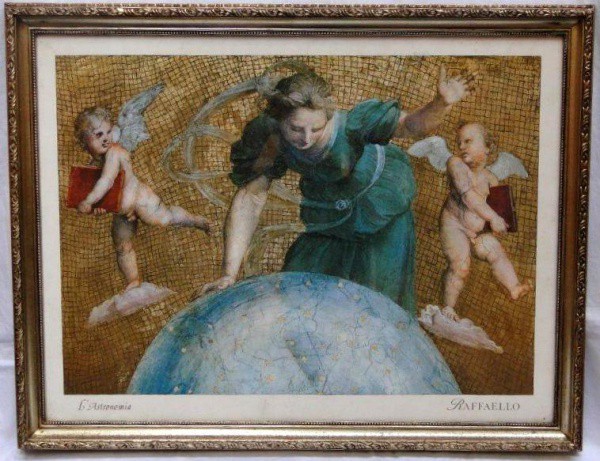 Estampa decorativa - Reprodução Lastronomia de Raffaello. Moldura dourada com vidro.