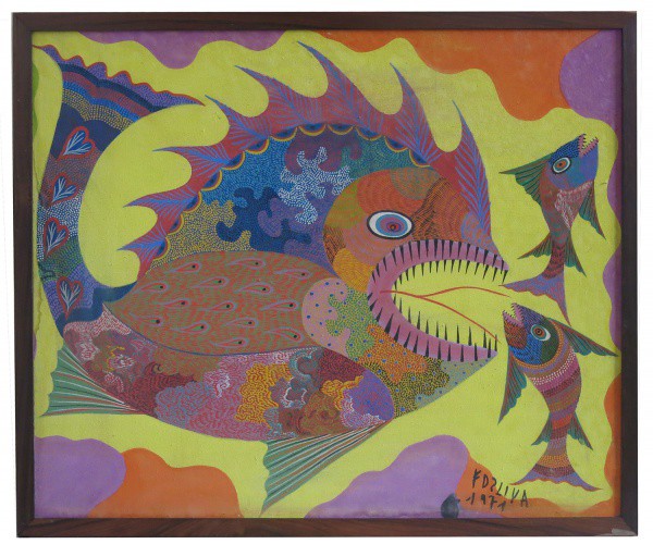 CHICO DA SILVA, Peixes, Têmpera sobre tela, ACID, 58 x 70 cm., dat. 1971