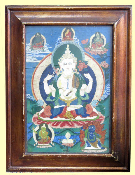 Thangka oriental decorado com figura de buda e outras divindades  Pintado com guache sobre seda. 47