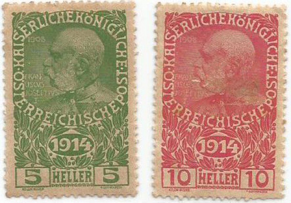 Filatelia : Selos (2) Clássicos da Áustria, 1914. MBC
