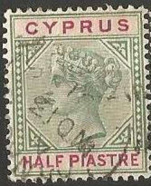 Filatelia : Selos Clássico Chipre - Rainha Victoria. Half Piaster,1892 . Ótimo estado.