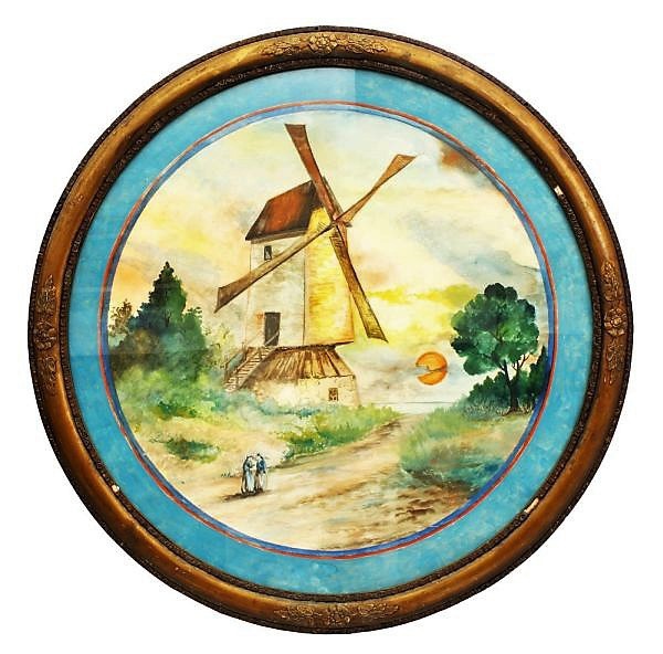 Quadro Paisagem Com Moinho Aquarela 1936 - 68 Cms