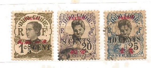 Filatelia :  Selos (3) Colônias Francesa na China  Pakhoi, 1919. MBC