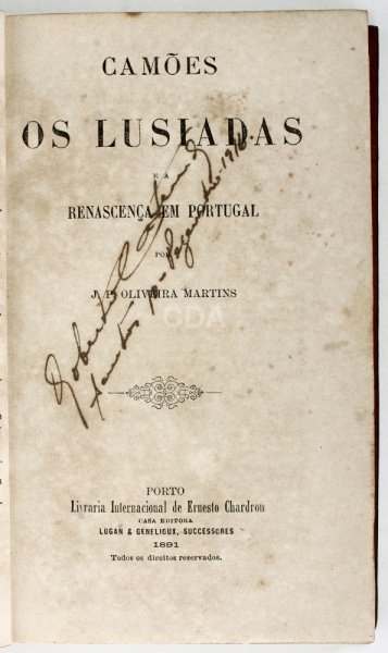 Livro: Os Lusíadas e a Renascença em Portugal, por J. P. Oliveira Martins, 1891, Livraria Internacio