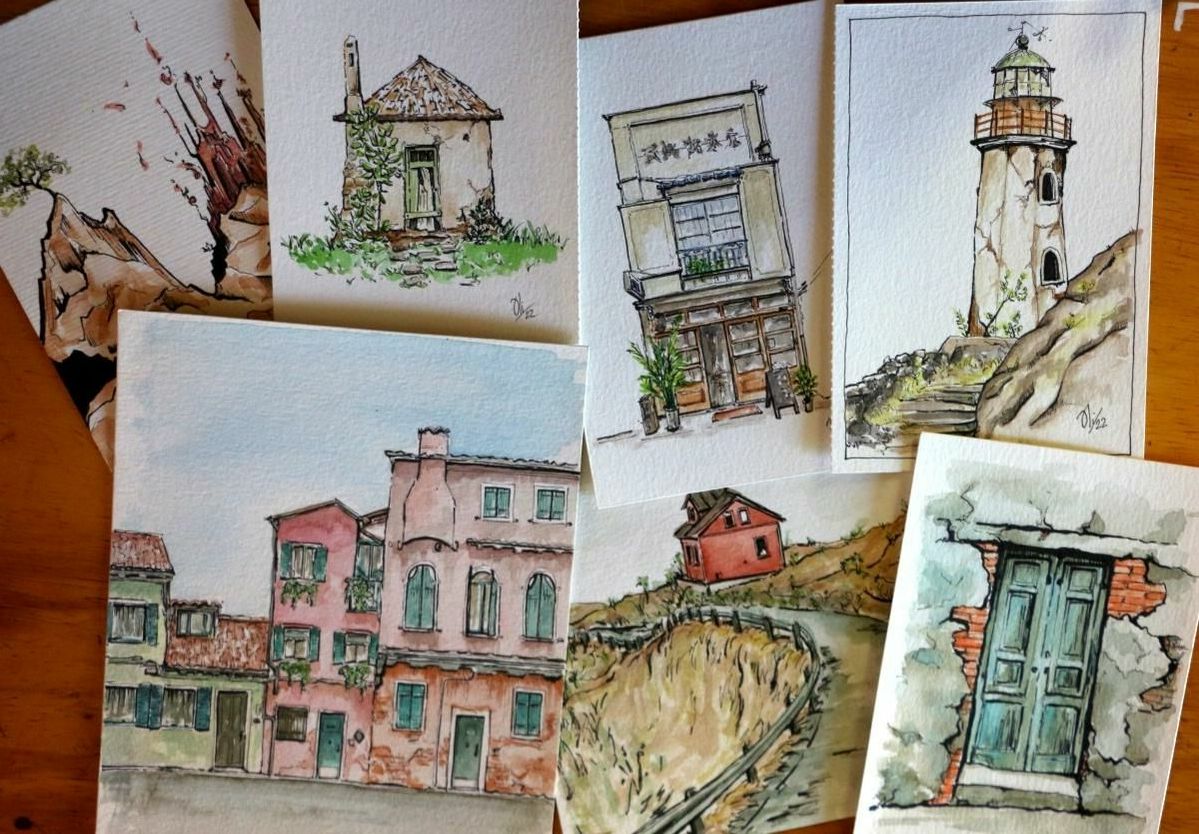 amontoado de ilustrações de casinhas em nanquim e aquarela