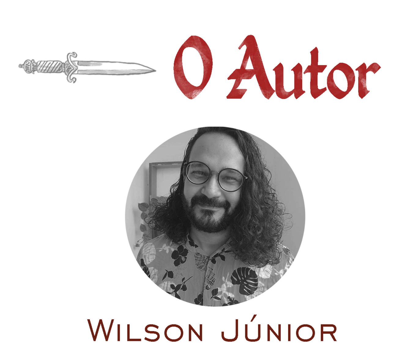 Tag com uma espada na horizontal e o texto O autor. Abaixo, uma foto preto e branco em formato redondo de Wilson Junior, um homem com cabelos longo cacheado, camiseta estampada, oculos com armação grossa.