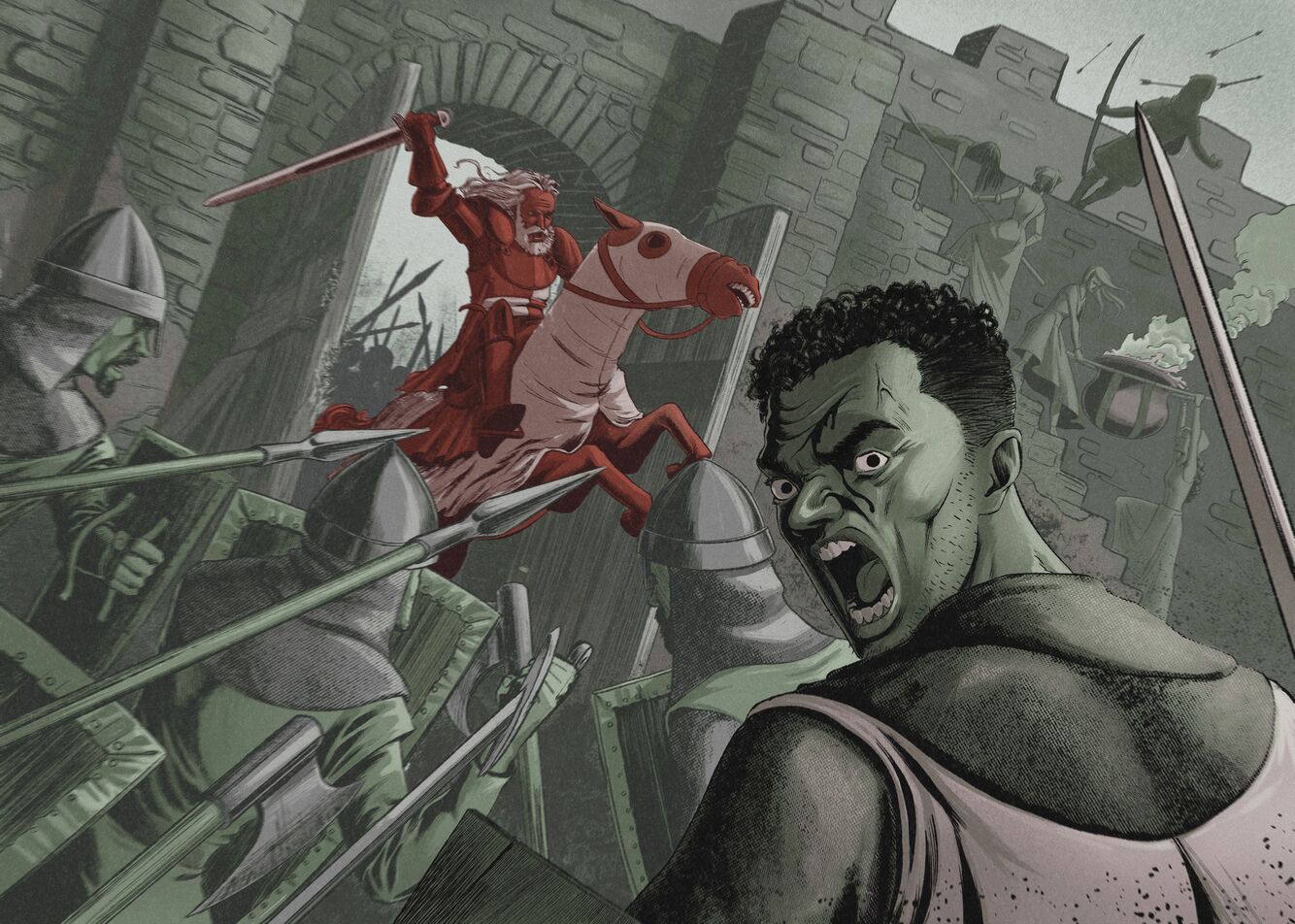 Pôster de Bruno Romão. Cena de uma invasão através dos portões de uma fortaleza medieval perpetuada por caveleiros armados. A cena está sob a perpectiva dos defensores dos portões, que portam lanças, e em primeiro plano um personagem sem elmo grita ordens.