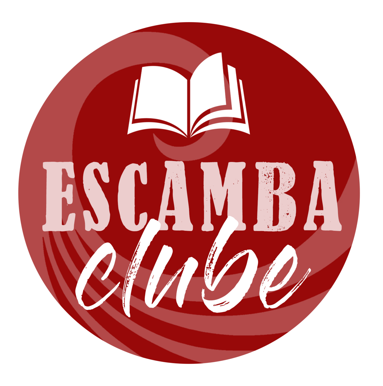 Logo do EscambaClube, um círculo vermelho com uma onda estilizada onde se lê Escamba e, abaixo, "clube" em letra cursiva. Acima, um livro aberto.