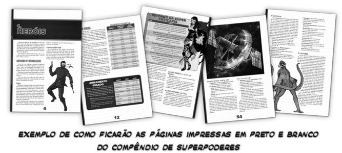 Exemplo do miolo do Compêndio de Superpoderes impresso em preto e branco