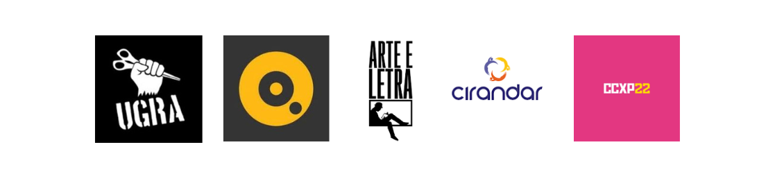 Listagem com a logo dos cinco pontos de retirada: Ugra Press, Quanta academia de arte, Livraria Arte e Letra, Cirandar, e a CCXP22
