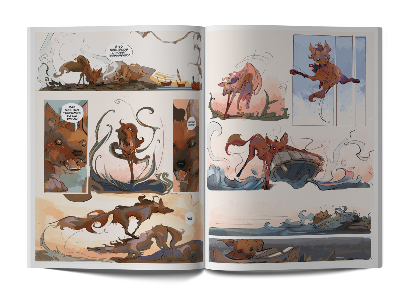 Mockup com destaque na HQ aberta, com duas páginas em destaque. A ilustração no estilo de Monaramis, com aquarela e bordas pouco definidas, mostra o trecho em que um lobo guará pega impulso, pula, cai por cima de um objeto flutuante em um rio, e pula de novo até alcançar a outra margem.
