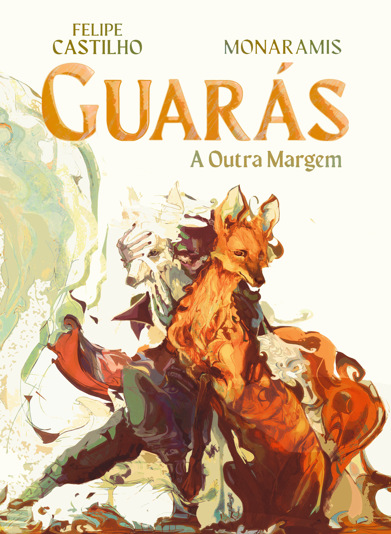 Descrição da capa: Ilustração colorida com pintura aquarelada. Em destaque, três figuras estão juntas, dois lobos guarás e uma pessoa. À direita, mais à frente, um lobo guará tem a cor vermelho amarronzado, as patas longas de um marrom escuro, apoiado nas patas traseiras, a cabeça virada para a direita, o focinho longo e as orelhas claras apontando para cima. Ao seu lado, outro lobo com as mesmas descrições do lobo vermelho-amarronzado, mas com cor branca e a cabeça virada para a esquerda, uma mão tampando uma parte do seu focinho. No meio, sentada entre os dois lobos, está a pessoa que segura a cabeça do lobo guará branco. Usando uma calça escura, suas pernas estão levemente dobradas, como se estivesse sentada em um local baixo. As cores se misturam tornando difícil definir onde exatamente um começa e outro termina, fazendo um contraste com o fundo claro. Na parte de cima, em destaque, o título Guarás: A outra margem. Acima do título, os nomes Felipe Castilho e Monaramis.