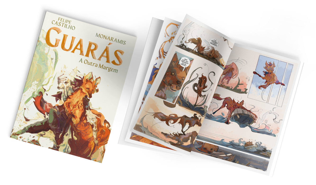 Mockups da HQ. À esquerda ela está fechada, com a capa em destaque. À direita, ela está aberta, sendo folheada.