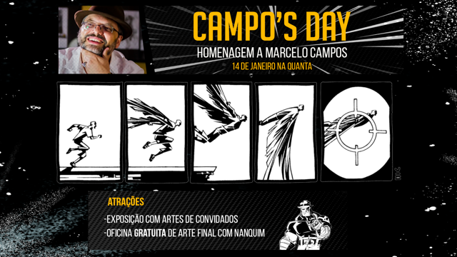 Um banner com uma sequência de 5 quadros em preto e branco, de um homem de perfil correndo para a beira de um prédio, saltando e criando asas neste movimento. No último quadro, em que ele está voando, há uma mira de arma sobre ele. Há também uma foto do Marcelo no banner, e anúncio das atrações: exposição com artes de convidados/oficina gratuita de arte-final com nanquim