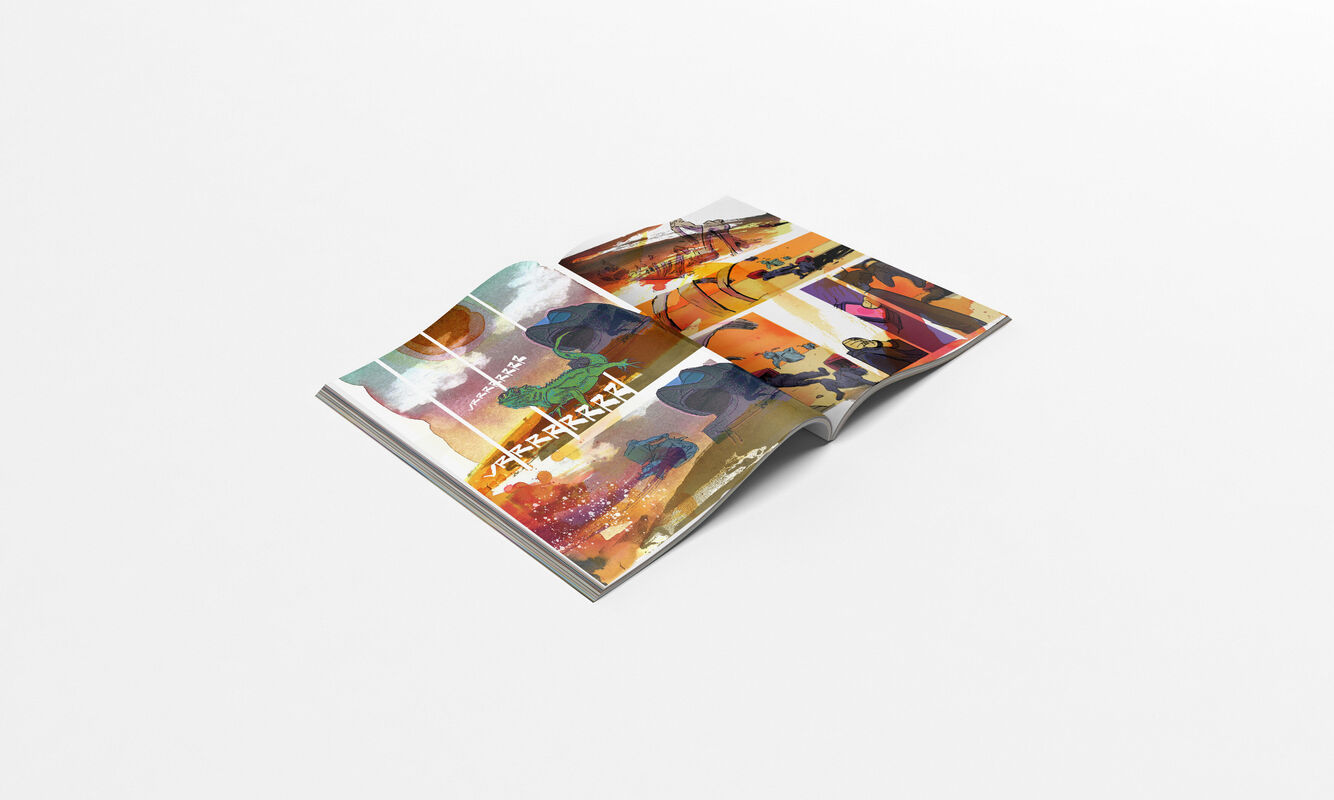 Mockup da HQ Cara/Coroa, mostrando a pagina interna da parte de Cara, sendo possível identificar a pintura em aquarela do tainan, com tons fortes de laranja, vermelho e verde