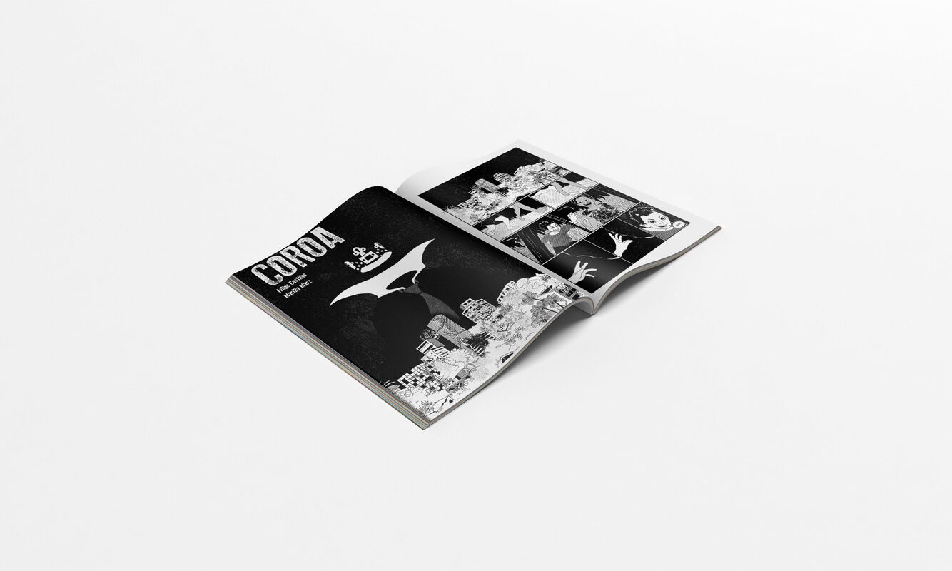 Mockup da HQ Cara/Coroa, mostrando a pagina interna da parte de Cara, sendo possível identificar arte em preto e branco da Marilia,