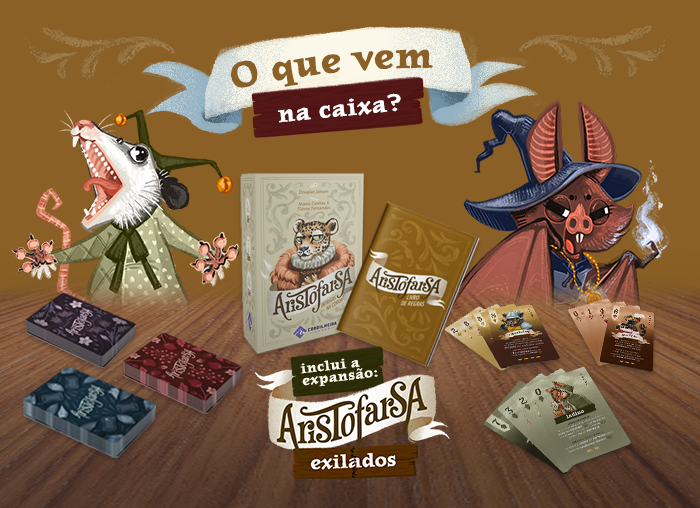 O que vêm na caixa de Aristofarsa, as cartas de 12 personagens de cada família, para 6 famílias, além da expansão Exilados