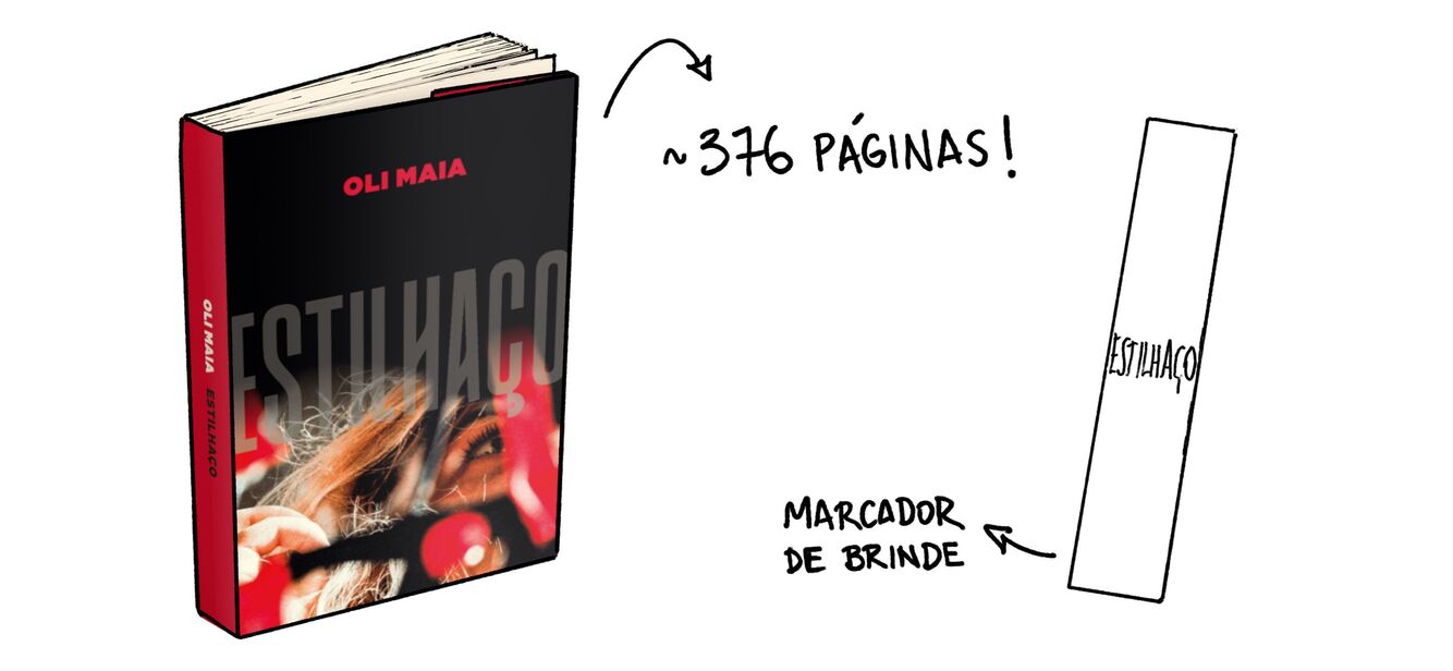 mockup do livro em pé, com a indicação da quantidade de páginas, e desenho simples do marcador de brinde.