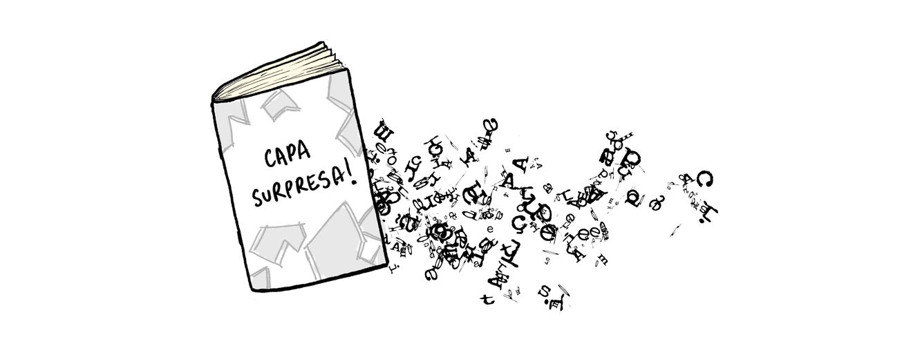 ilustração da caderneta com letras saindo de dentro, e a indicação de "capa surpresa"