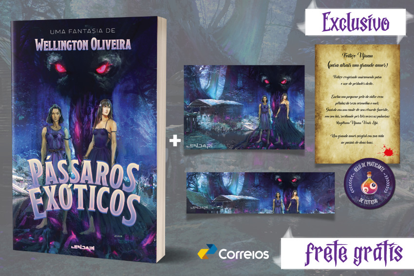Livro + Marcador + Pôster (personagens) + Pôster (feitiços) + Selo de feitiçaria