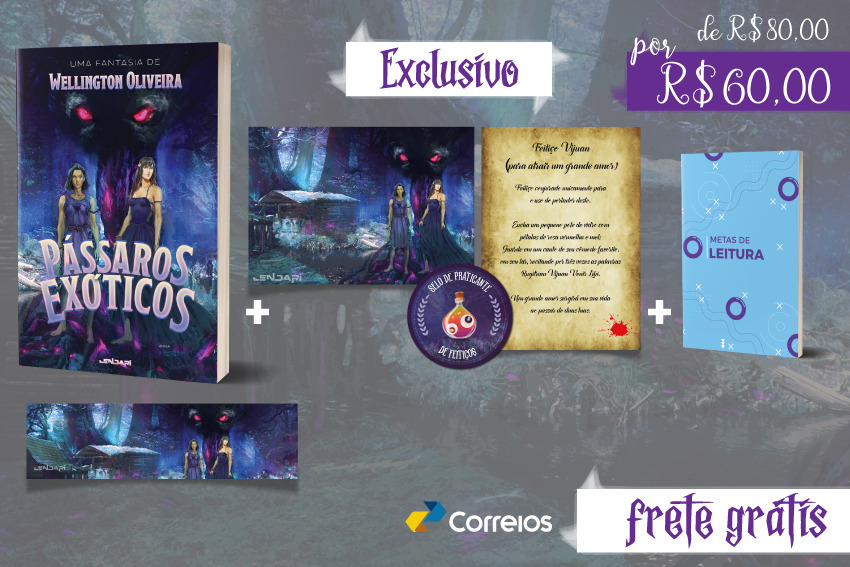 Livro + Marcador + Pôster (personagens) + Pôster (feitiços) + Selo de feitiçaria + Metas de leituras