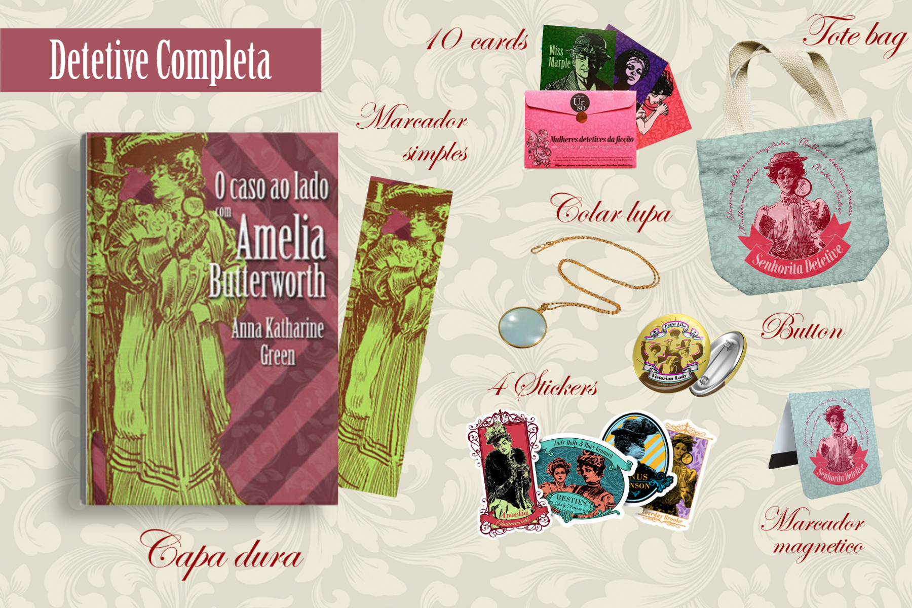 DETETIVE COMPLETA (tote bag + colar lupa retrô) 