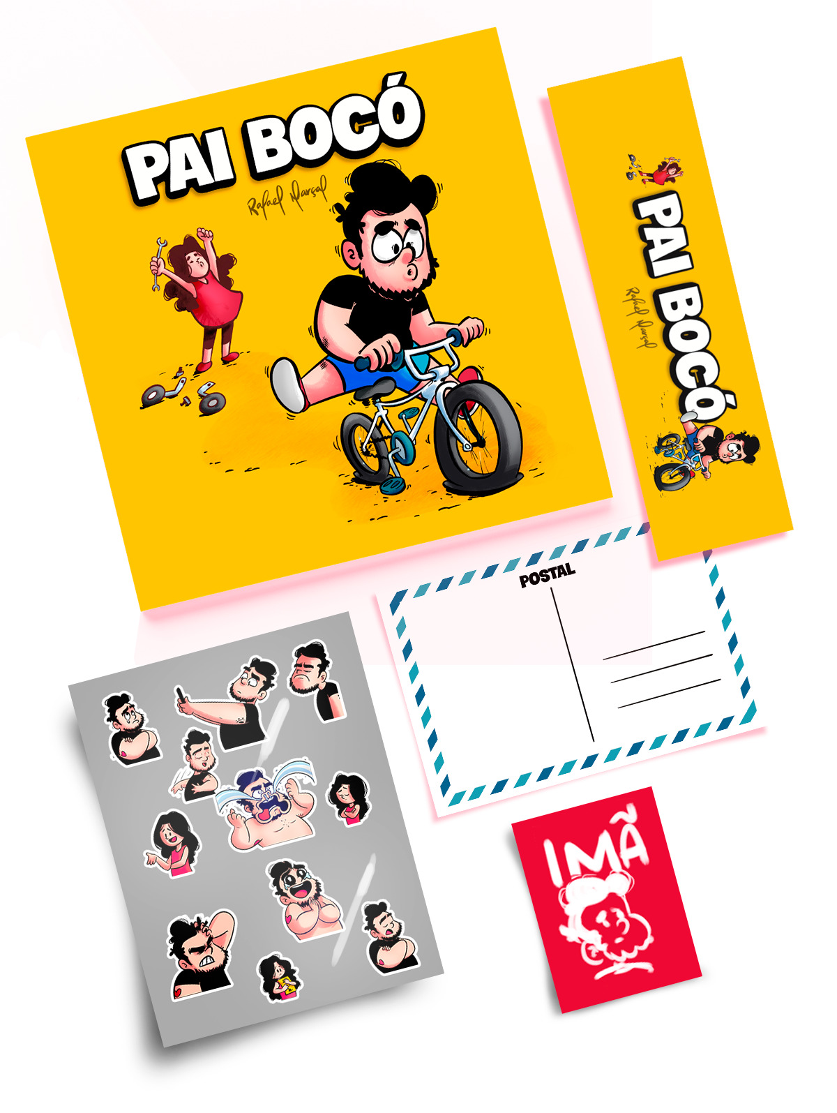 Pai Bocó + Marca-Página + Postal + Imã + ADESIVOS