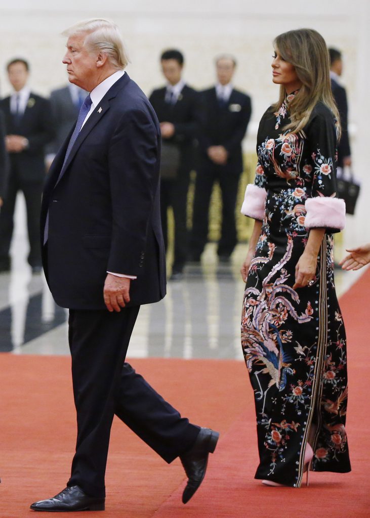 BEIJING, CHINA - NOVEMBER 9: U.S. President Donald Trump and first lady Melania arrive for the state dinner at the Great Hall of the People on November 9, 2017 in Beijing, China. Trump is on a 10-day trip to Asia. (Photo by Thomas Peter - Pool/Getty Images)