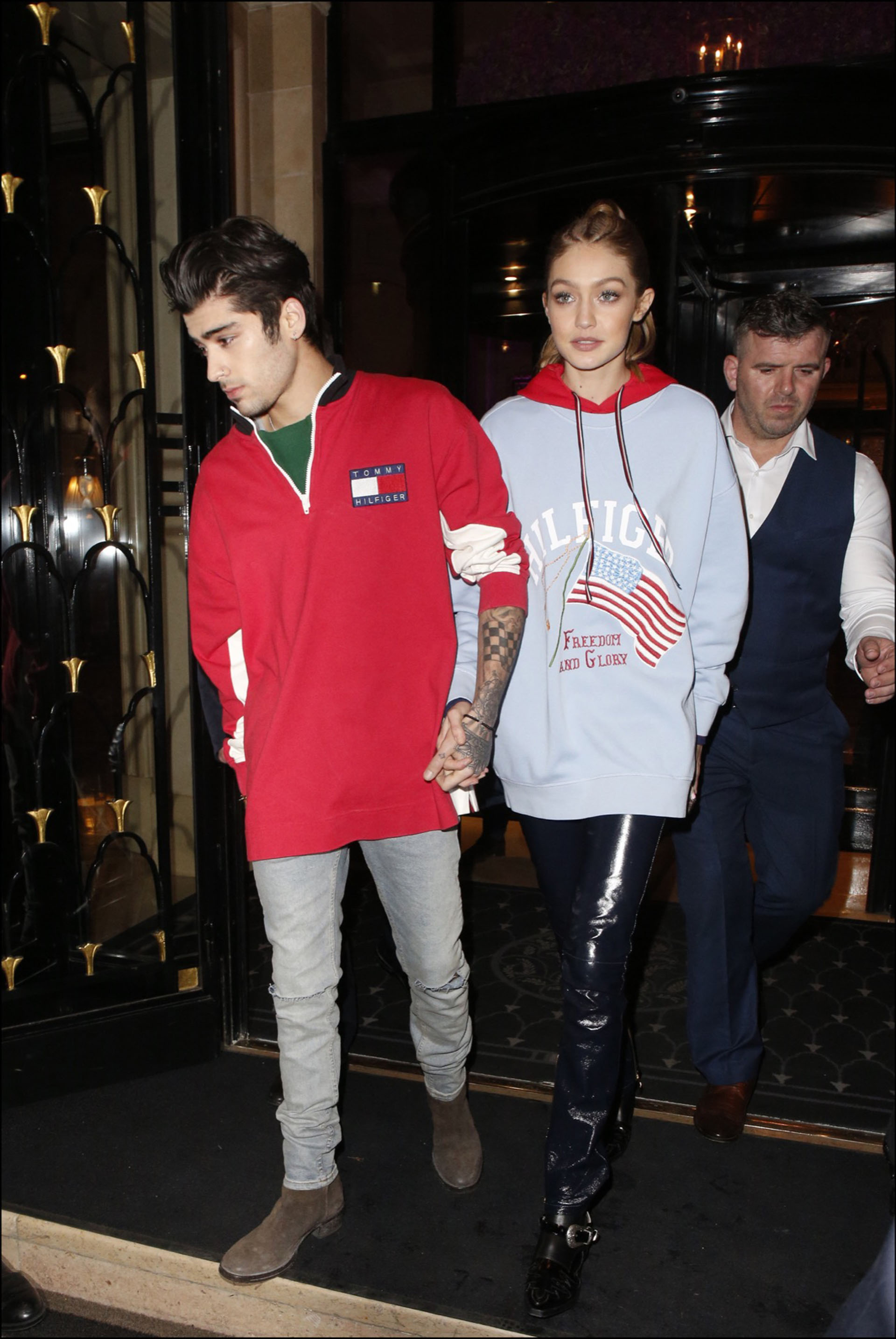 Gigi Hadid et son compagnon Zayn Malik se rendent au restaurant Laperouse pour la soirÈe Hilfiger ‡ Paris le 28 fÈvrier 2017 Gigi Hadid and her boyfriend Zayn Malik leave Hotel george V to go to Laperouse restautant for the Hilfiger Party Paris 28/02/2017
