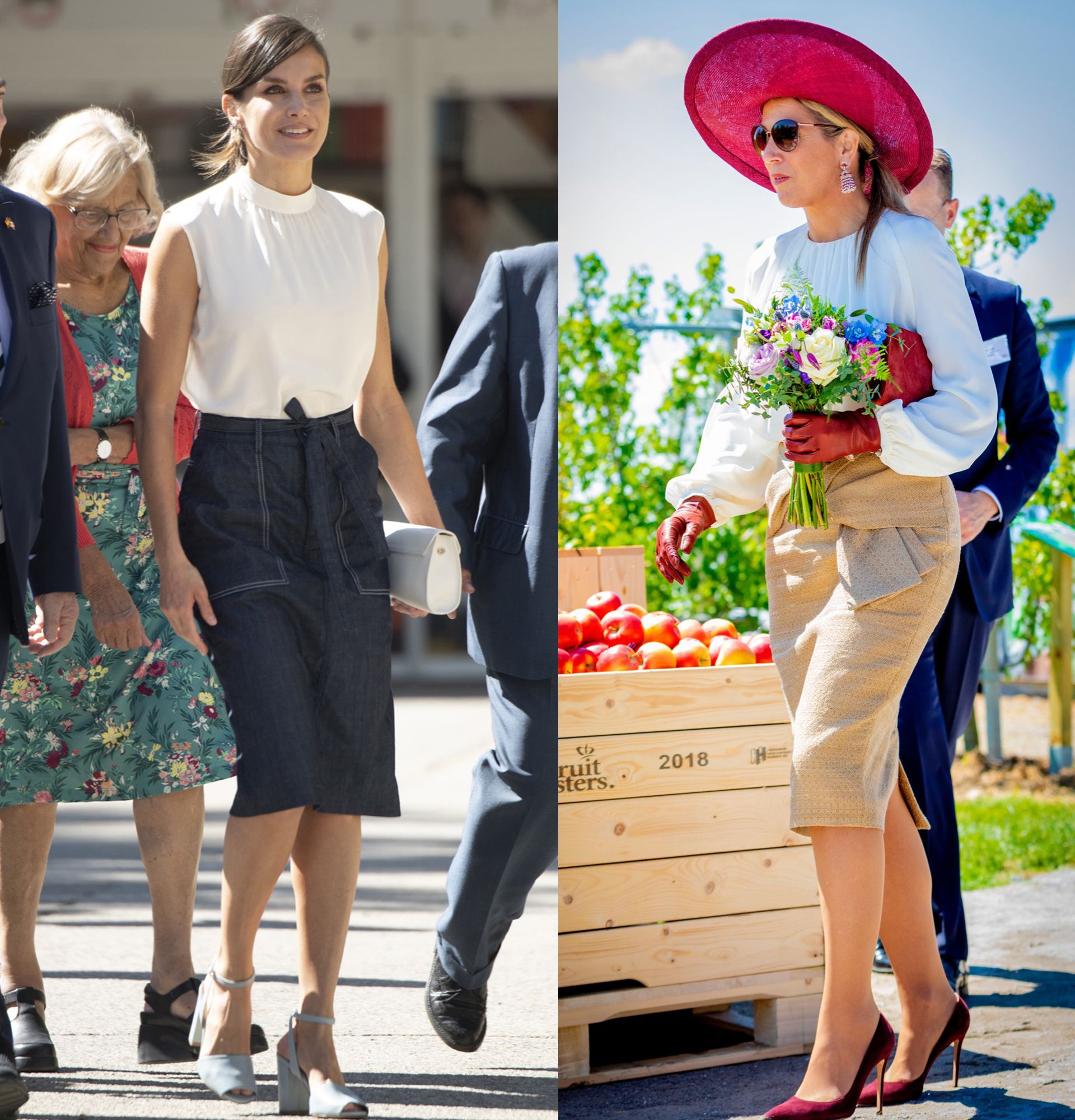 Las dos reinas eligieron blusas blancas con ligero drapeado en el frente y faldas midi.