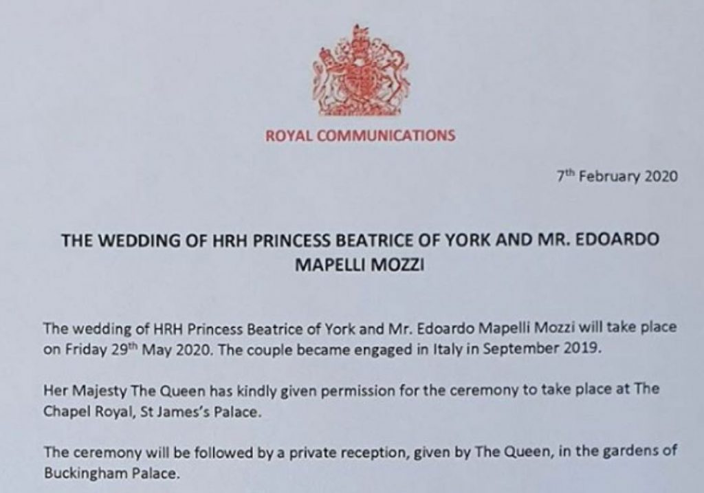 BEATRICE DE YORK BODA CANCELACION
