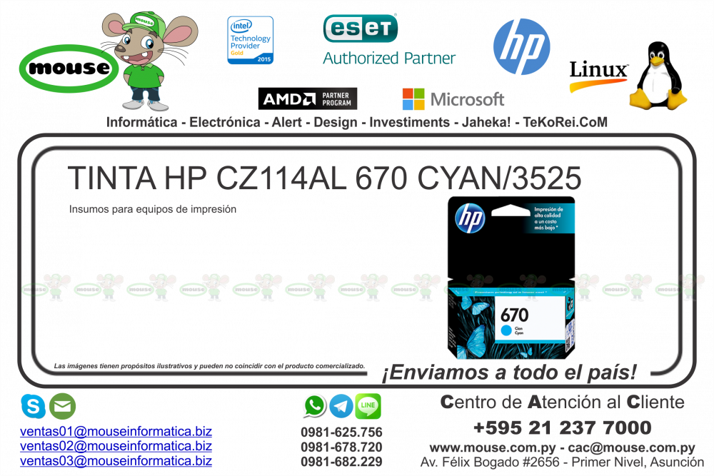 TINTA HP CZ114AL 670 CYAN/3525 en Asunción, Paraguay - ABC Market