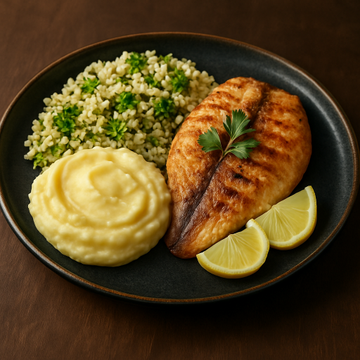 Tilápia Grelhada Com Purê de Batatas e Arroz de Brocolis