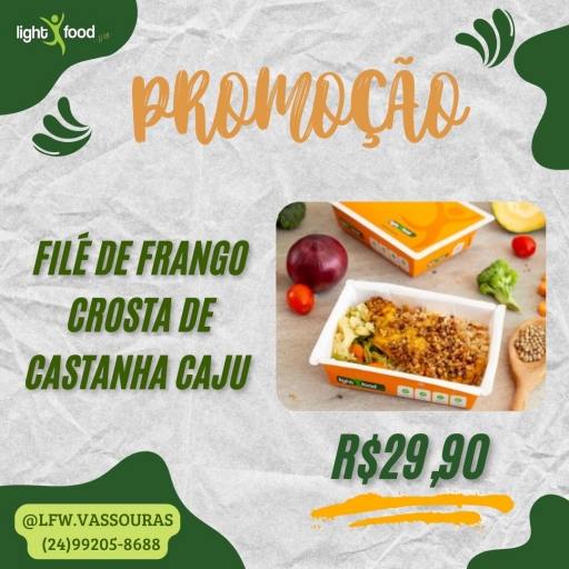 (Quente) Filé de Frango Crosta Castanha Caju, Arroz, Legumes