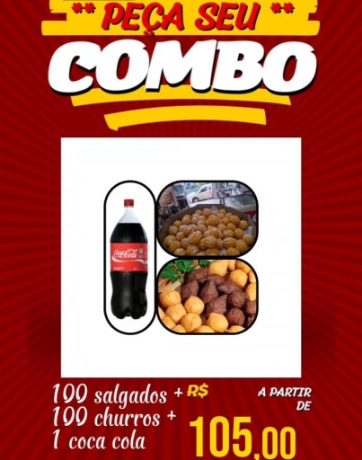 Combo (07) 100 Salgadinhos + 100 Churros + Coca Cola 2Lt