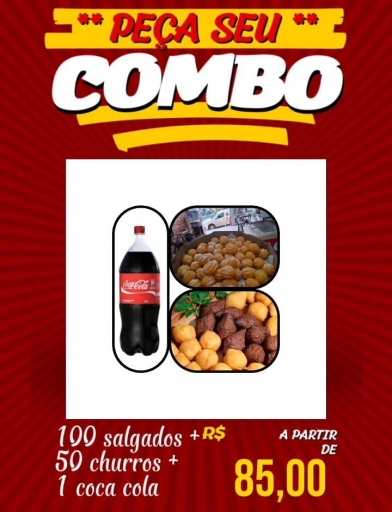 Combo (08) 100 Salgadinhos + 50 Churros + Coca Cola 2 Lt
