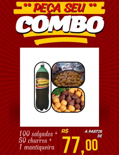 Combo (05) 100 Salgadinhos + 50 Churros + Mantiqueira 2Lt