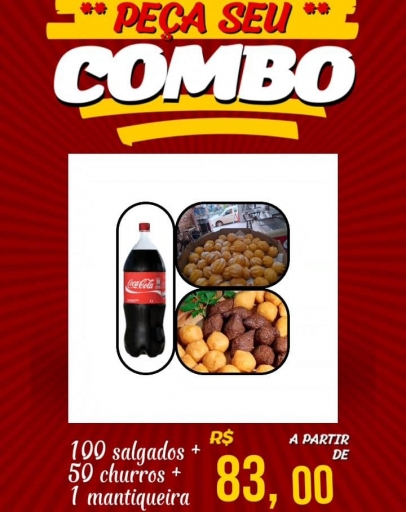 Combo (08) 100 Salgadinhos + 50 Churros + Coca Cola 2 Lt