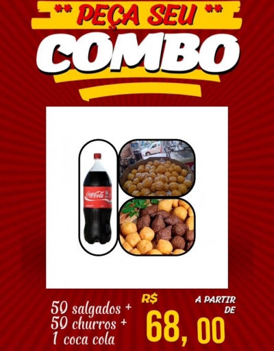 Combo (09) 50 Salgadinhos + 50 Churros + Coca Cola 2 Lt